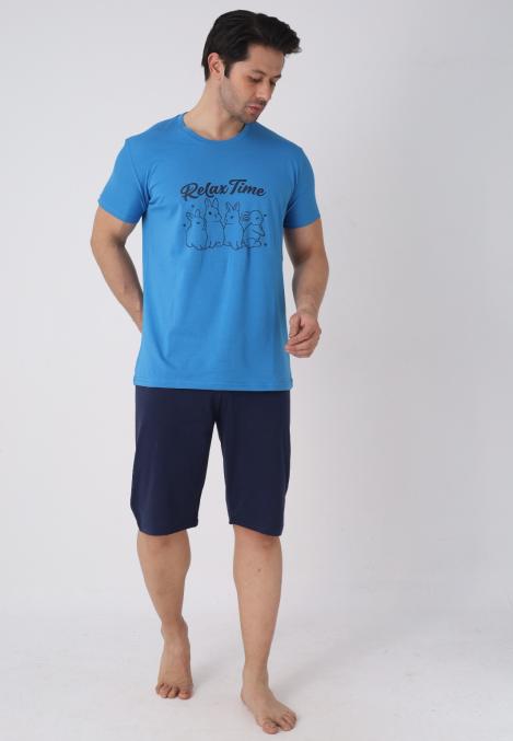 Pijama barbat cu maneca scurta si pantaloni 3/4, culoare albastru, Engros